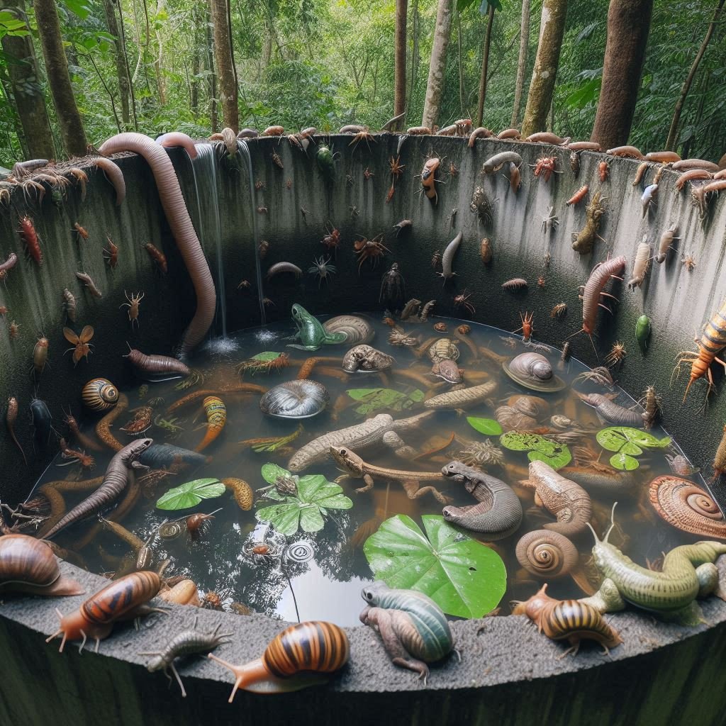 a concrete water catchment tank with slugs, frogs, geckos, and roaches in the jungle, even bigger tank